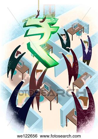 Stock Photograph - Office workers raising their hands for bonus. Fotosearch