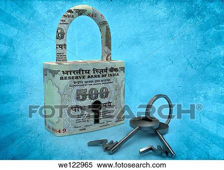 Stock Photography - Padlock covered in paper currency with Rupee symbol key. Fotosearch