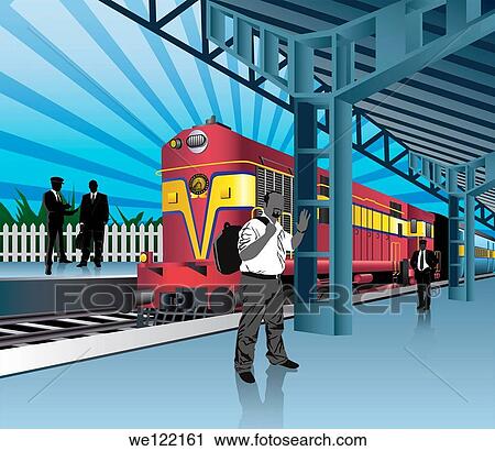 Stock Image - Passengers at a railroad station waiting for train. Fotosearch
