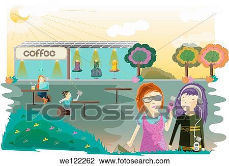 Stock Image - People at a solar energy powered cafe. Fotosearch