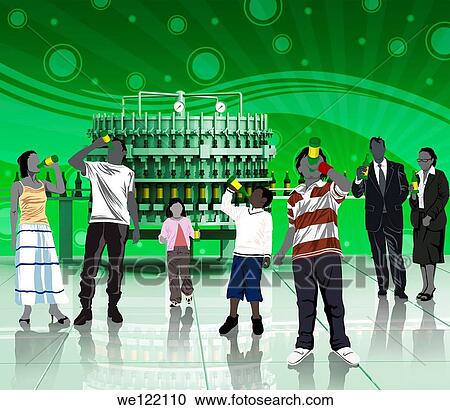Stock Image - People drinking soft drinks in a bottling plant. Fotosearch