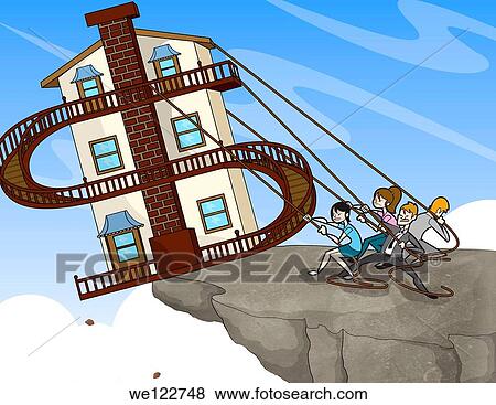 People trying to save home at the edge of a cliff with dollar sign View Large Photo Image Stock Photo - People trying to save home at the edge of a cliff with dollar sign. Fotosearch