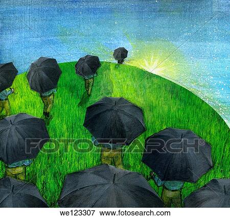 People with umbrella walking towards a light of hope View Large Photo Image Stock Photo - People with umbrella walking towards a light of hope. Fotosearch