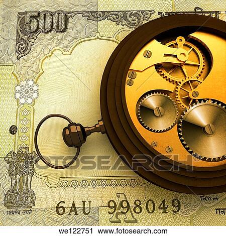 Stock Image - Pocket watch on Indian five hundred rupee note. Fotosearch