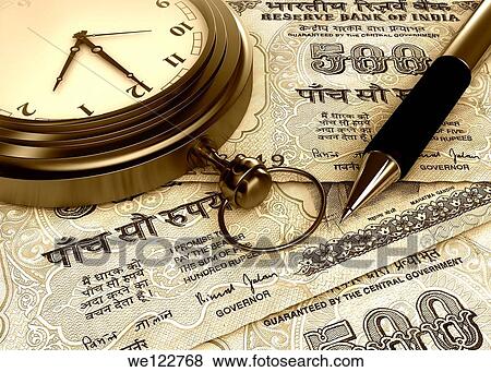 Pocket watch with a pen on Indian five hundred rupee notes View Large Photo Image Stock Photo - Pocket watch with a pen on Indian five hundred rupee notes. Fotosearch