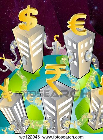 Representation of currency symbols on top of buildings connected with tubes View Large Photo Image Stock Photography - Representation of currency symbols on top of buildings connected with tubes. Fotosearch