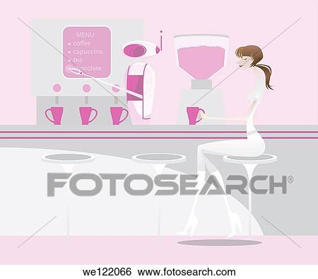 Robot at the menu board with a woman drinking coffee in a cafe View Large Photo Image Stock Photograph - Robot at the menu board with a woman drinking coffee in a cafe. Fotosearch