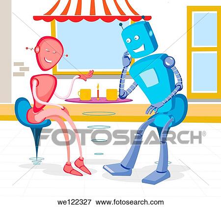 Robot couple at a sidewalk cafe View Large Photo Image Stock Photo - Robot couple at a sidewalk cafe. Fotosearch