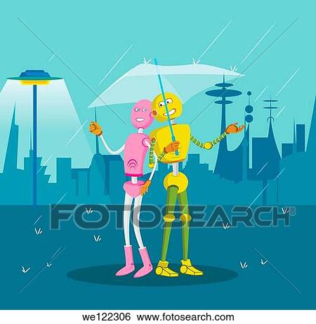Robot couple sheltering under an umbrella during rain View Large Photo Image Stock Photograph - Robot couple sheltering under an umbrella during rain. Fotosearch