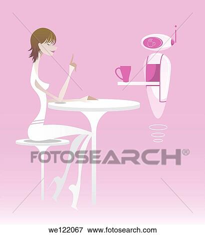 Robot serving coffee to a woman in a cafe View Large Photo Image Stock Photo - Robot serving coffee to a woman in a cafe. Fotosearch