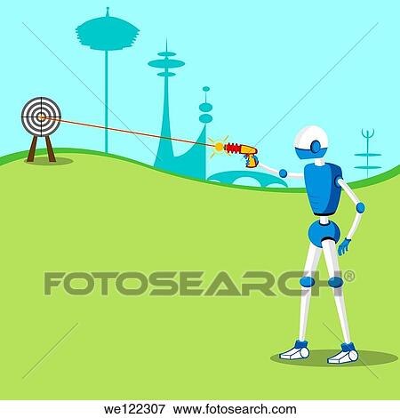 Stock Photo - Robot shooting at target with laser gun. Fotosearch