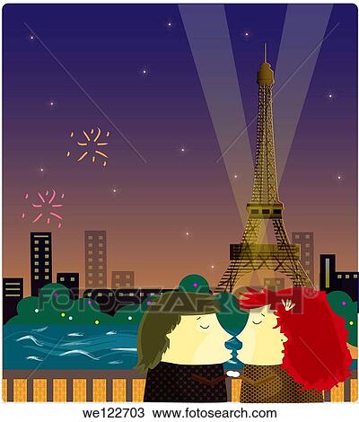 Stock Image - Romantic couple in front of the Eiffel Tower, Paris, France. Fotosearch