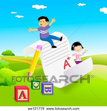 Stock Photo - Schoolchildren with their grade card. Fotosearch