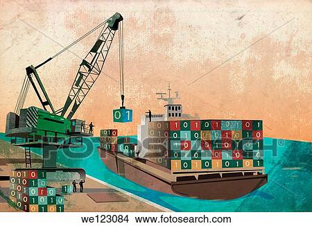 Shipping industry with loading binary code containers on ship representing the concept of software export View Large Photo Image Picture - Shipping industry with loading binary code containers on ship representing the concept of software export. Fotosearch