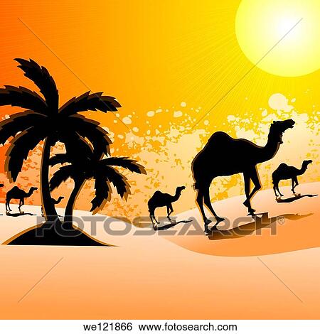Silhouette of camels walking in a desert landscape, Rajasthan, India View Large Photo Image Stock Photograph - Silhouette of camels walking in a desert landscape, Rajasthan, India. Fotosearch