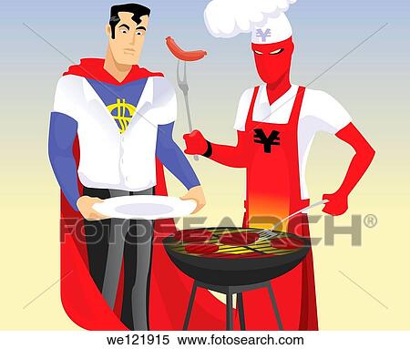Stock Photography - Super hero in chef´s whites preparing food on a barbecue for his partner. Fotosearch
