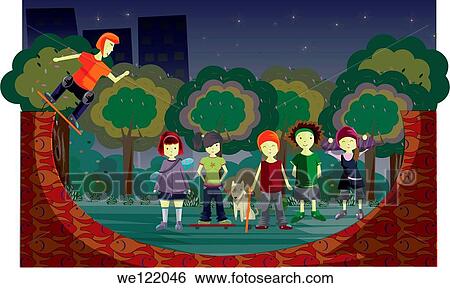 Teenagers skateboarding in a park View Large Photo Image Stock Photograph - Teenagers skateboarding in a park. Fotosearch