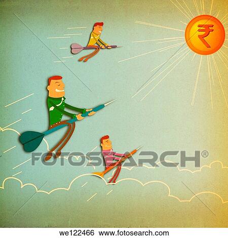 Three businessmen sitting on darts and reaching towards the target View Large Photo Image Stock Photograph - Three businessmen sitting on darts and reaching towards the target. Fotosearch