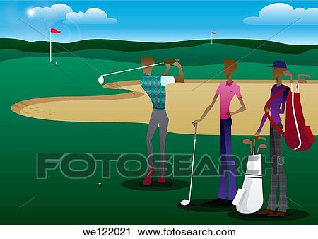 Three men playing golf View Large Photo Image Stock Image - Three men playing golf. Fotosearch