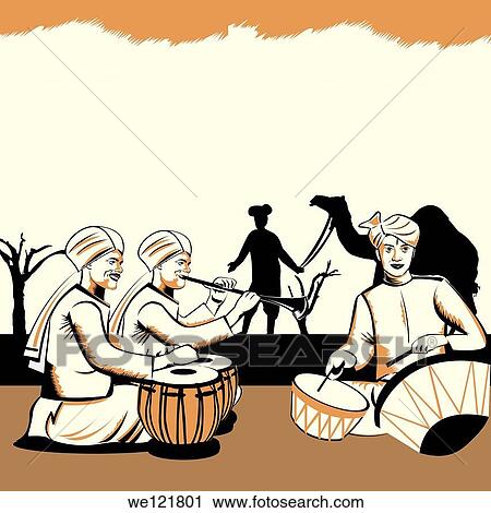 Stock Image - Three men playing musical instruments, Rajasthan, India. Fotosearch