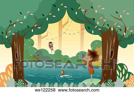 Tourists enjoying in a forest View Large Photo Image Stock Photo - Tourists enjoying in a forest. Fotosearch