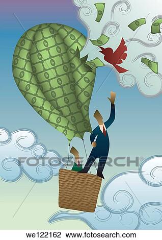 Two businessmen in a hot air balloon of money being burst by a bird View Large Photo Image Stock Image - Two businessmen in a hot air balloon of money being burst by a bird. Fotosearch