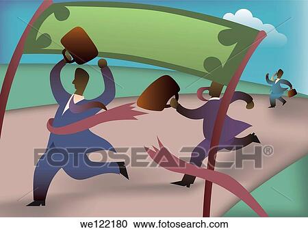 Stock Image - Two businessmen in a hot air balloon being burst by a bird. Fotosearch