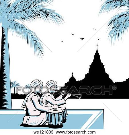 Two men playing musical instruments with a temple in the background, India View Large Photo Image Stock Image - Two men playing musical instruments with a temple in the background, India. Fotosearch