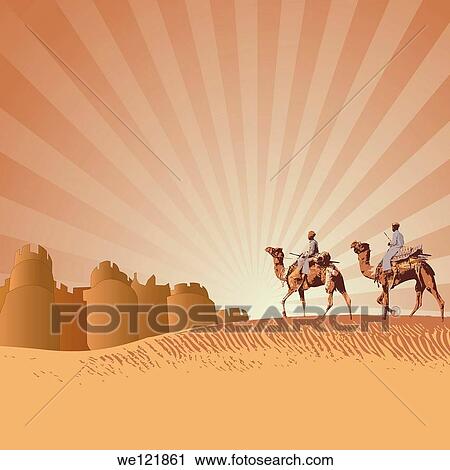 Two men riding camels in a desert, Rajasthan, India View Large Photo Image Stock Image - Two men riding camels in a desert, Rajasthan, India. Fotosearch