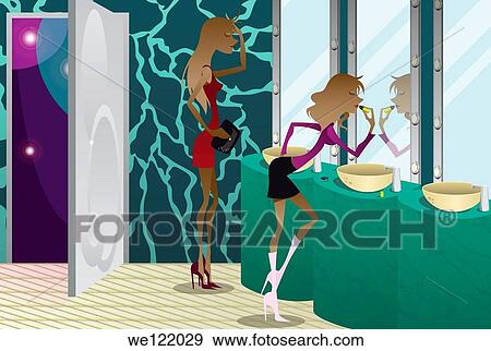 Stock Photo - Two women applying make-up in a bathroom. Fotosearch
