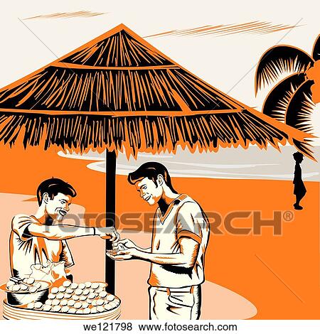 Vendor serving Indian snack panipuri to a man on the beach, India View Large Photo Image Stock Photo - Vendor serving Indian snack panipuri to a man on the beach, India. Fotosearch