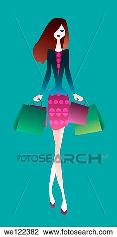 Stock Image - Woman carrying shopping bags and walking. Fotosearch