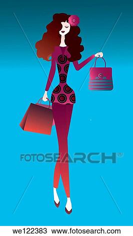 Stock Image - Woman carrying shopping bags and walking. Fotosearch