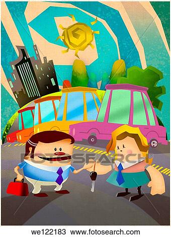 Stock Image - Woman giving the car key to a businessman. Fotosearch
