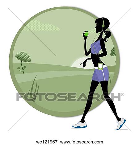 Woman listening to an iPod during morning walk View Large Photo Image Stock Photo - Woman listening to an iPod during morning walk. Fotosearch