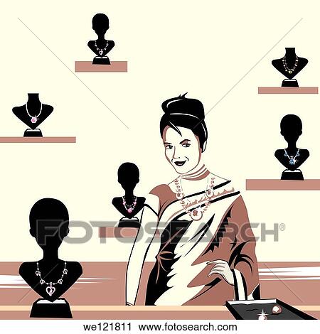 Stock Image - Woman looking at jewelry in a store. Fotosearch