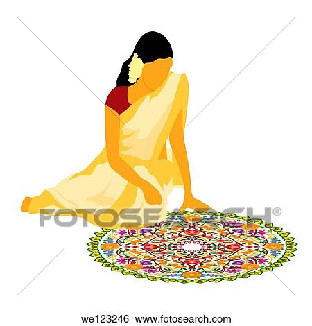 Woman making rangoli on the floor View Large Photo Image Stock Photograph - Woman making rangoli on the floor. Fotosearch