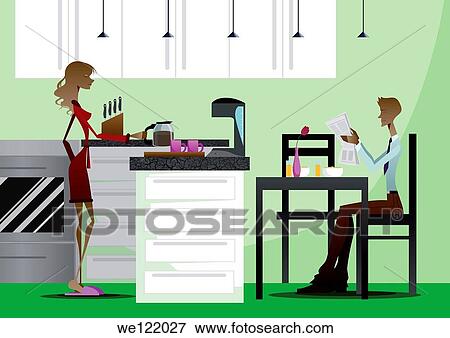 Stock Photo - Woman preparing breakfast with her husband reading a newspaper. Fotosearch