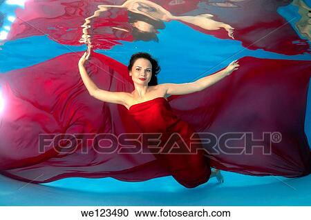 Woman presenting underwater fashion in a pool View Large Photo Image Stock Image - Woman presenting underwater fashion in a pool. Fotosearch