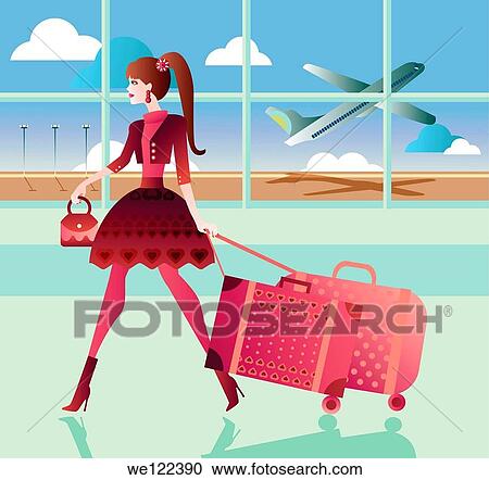 Woman pulling her luggage at an airport View Large Photo Image Stock Image - Woman pulling her luggage at an airport. Fotosearch