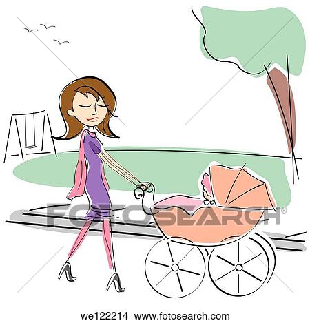 Woman pushing her baby in a stroller in a park View Large Photo Image Picture - Woman pushing her baby in a stroller in a park. Fotosearch