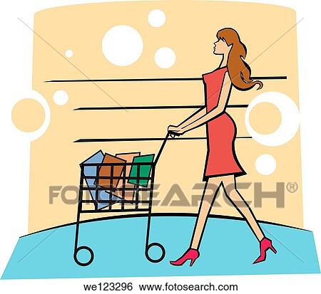 Woman pushing shopping cart in a supermarket View Large Photo Image Stock Photograph - Woman pushing shopping cart in a supermarket. Fotosearch