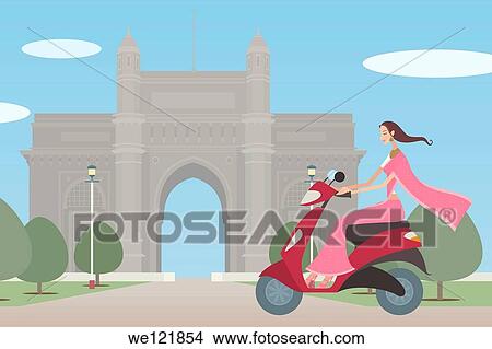 Picture - Woman riding a motor scooter in front of a monument, Gateway Of India, Mumbai, Maharashtra, India. Fotosearch