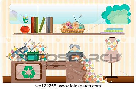 Stock Photography - Woman sewing recycled clothes on a sewing machine. Fotosearch