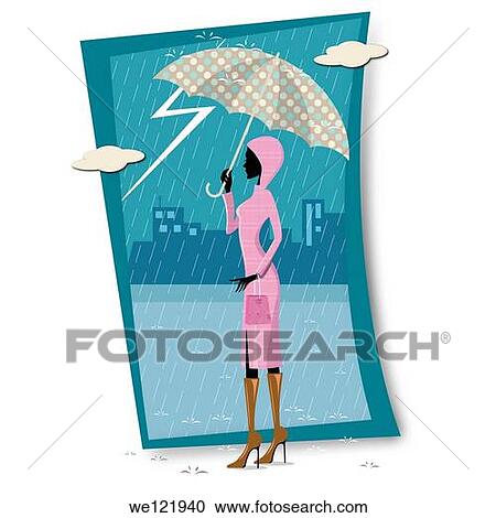 Stock Image - Woman sheltering under an umbrella during rain. Fotosearch