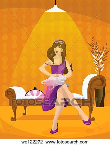Woman sitting on a couch with a cat on her lap View Large Photo Image Stock Image - Woman sitting on a couch with a cat on her lap. Fotosearch