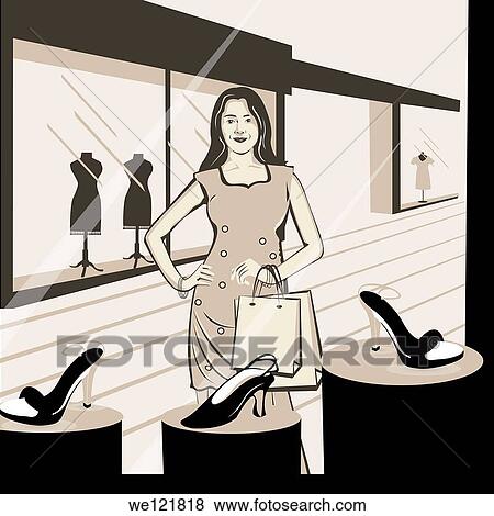 Stock Photo - Woman standing near footwear in a shopping mall. Fotosearch