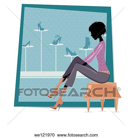 Woman trying on footwear in a shoe store View Large Photo Image Stock Image - Woman trying on footwear in a shoe store. Fotosearch