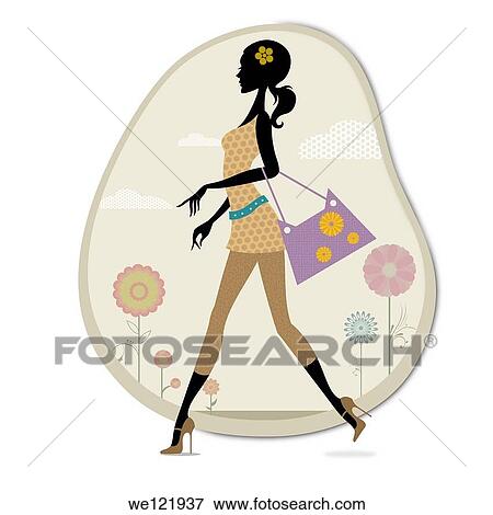 Stock Photo - Woman walking with a hand bag. Fotosearch