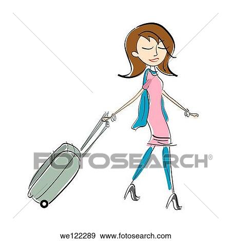 Stock Photo - Woman walking with a suitcase. Fotosearch